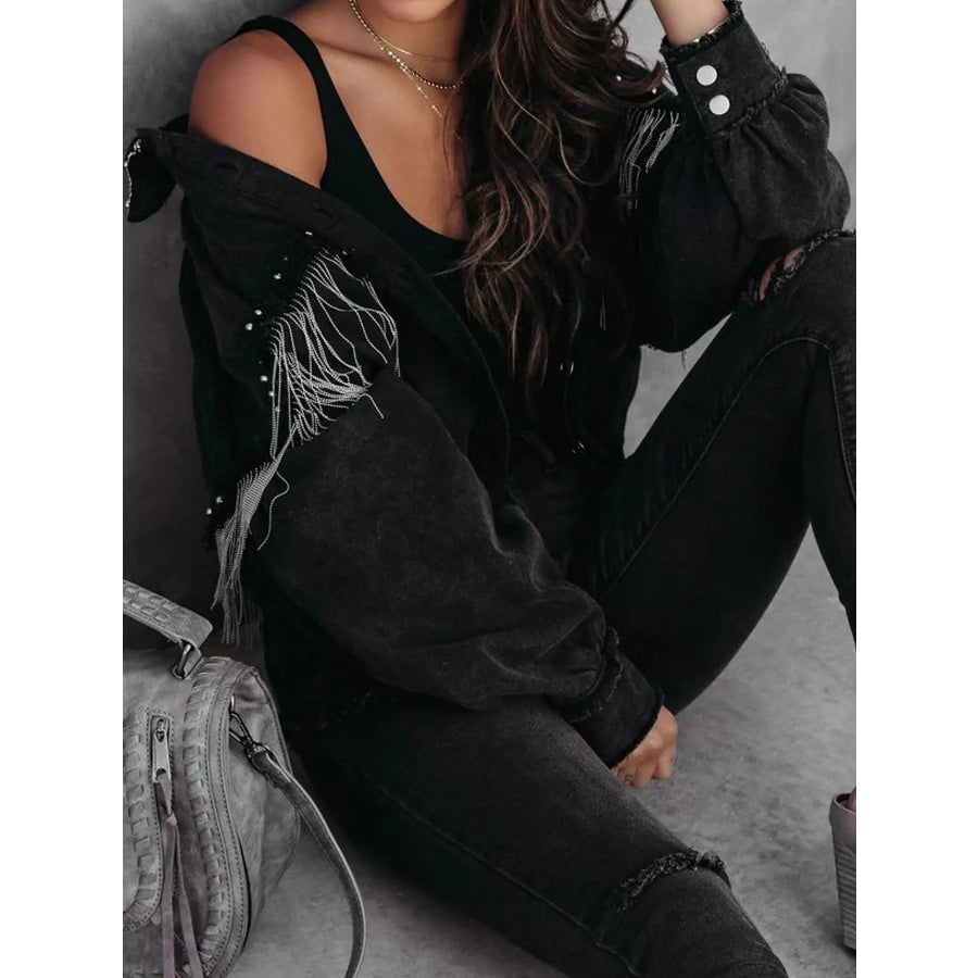 Full Size Fringe Embellished Washed Denim Jacket Plus Apparel and Accessories