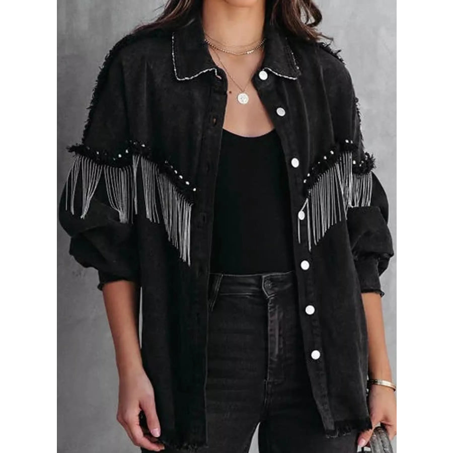 Full Size Fringe Embellished Washed Denim Jacket Plus Apparel and Accessories