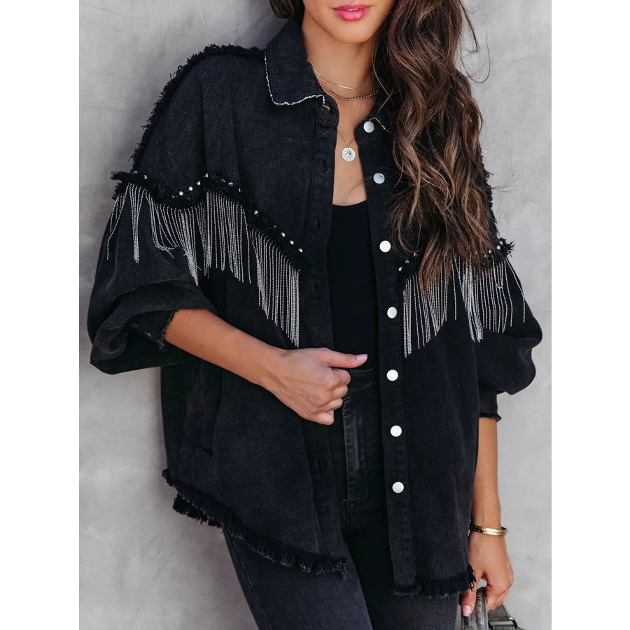 Full Size Fringe Embellished Washed Denim Jacket Plus Black / S Apparel and Accessories