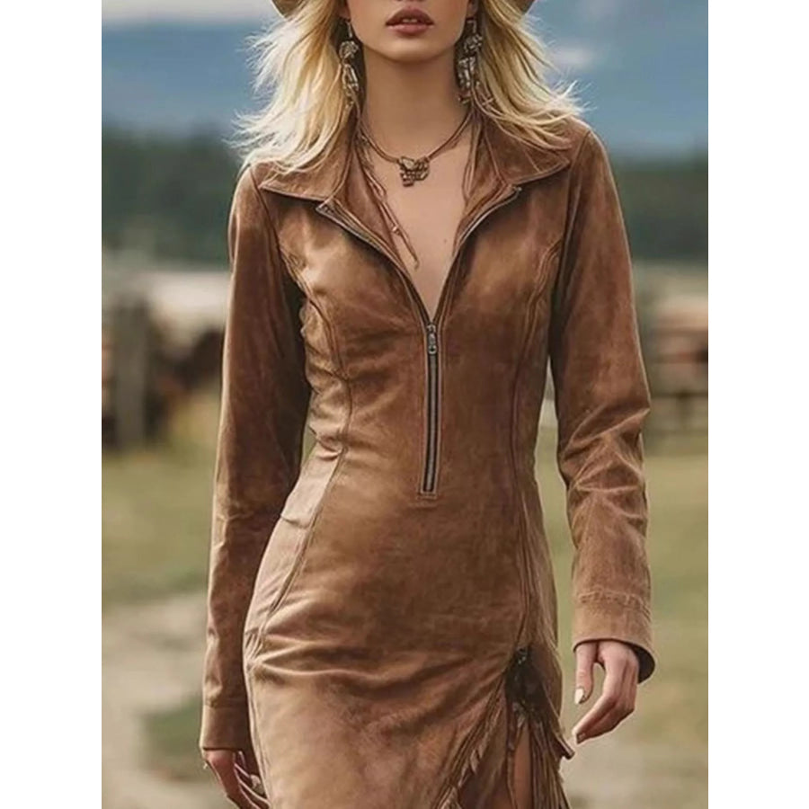 Full Size Fringe Hem Zip Front Bodycon Dress Plus Size Apparel and Accessories