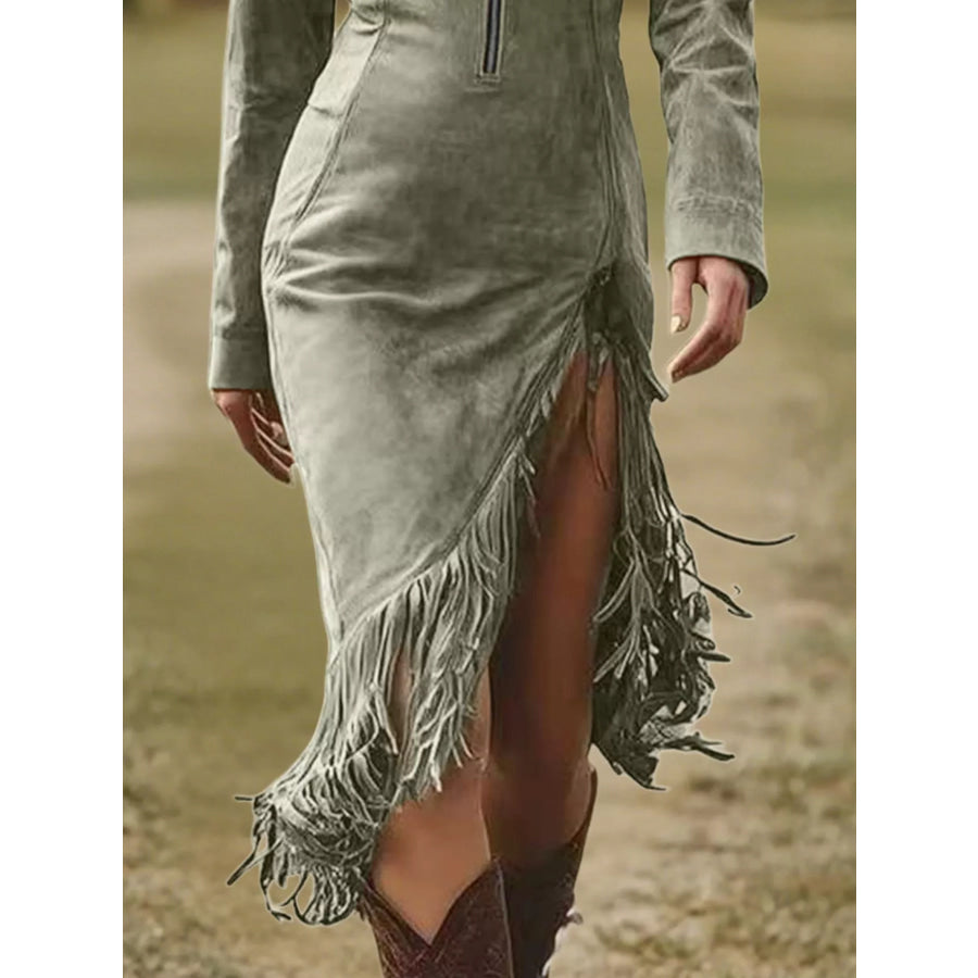 Full Size Fringe Hem Zip Front Bodycon Dress Plus Size Apparel and Accessories