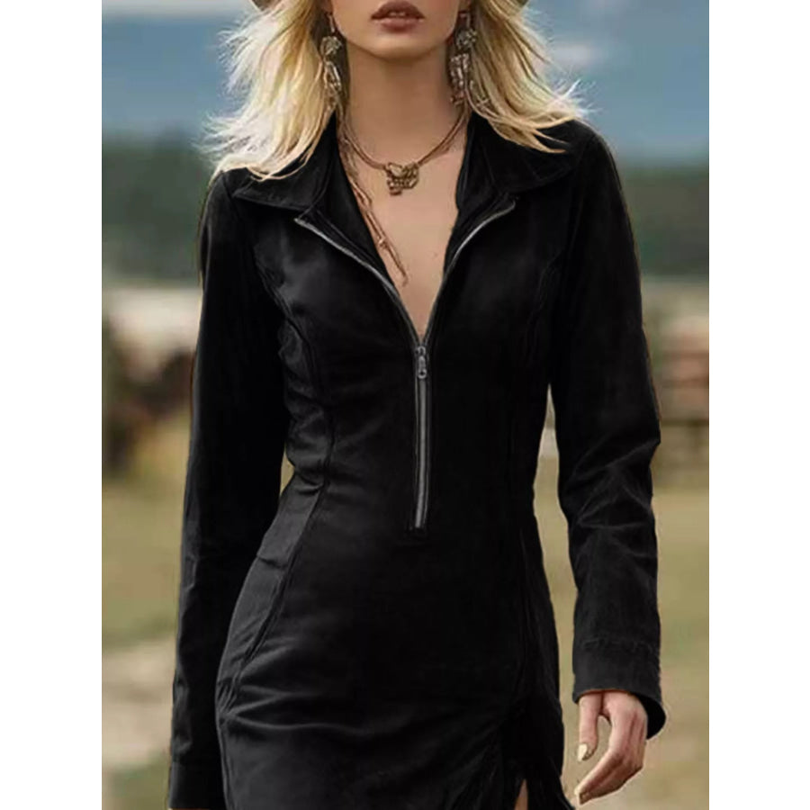 Full Size Fringe Hem Zip Front Bodycon Dress Plus Size Apparel and Accessories