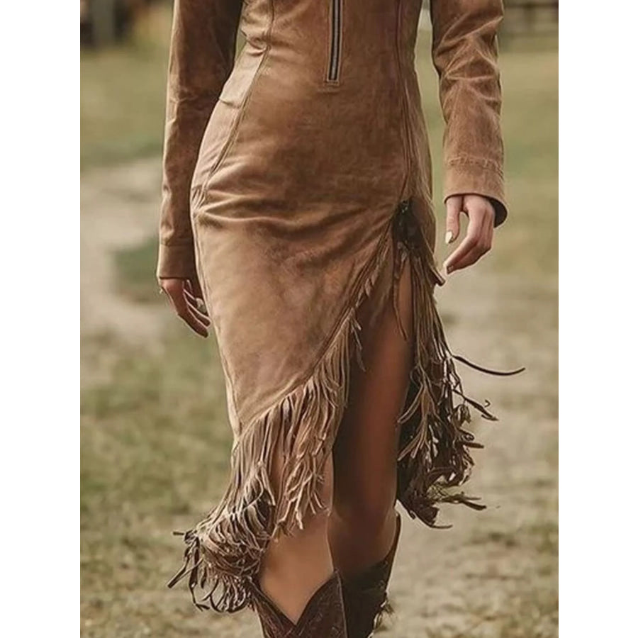 Full Size Fringe Hem Zip Front Bodycon Dress Plus Size Apparel and Accessories