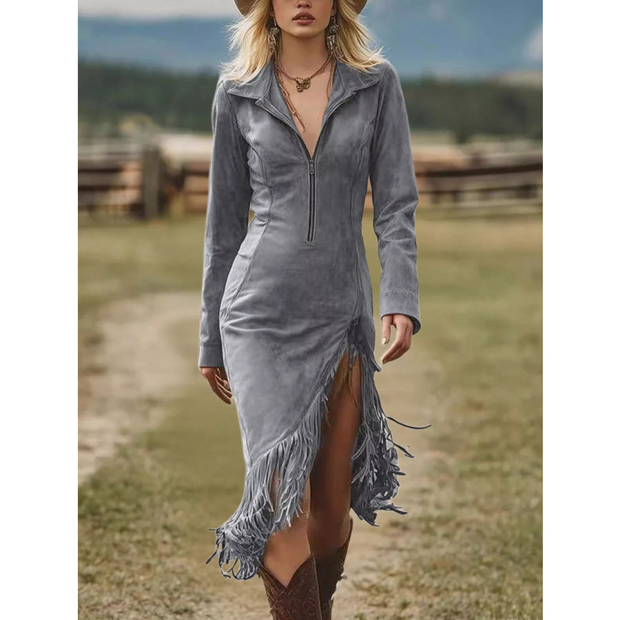Full Size Fringe Hem Zip Front Bodycon Dress Plus Size Apparel and Accessories
