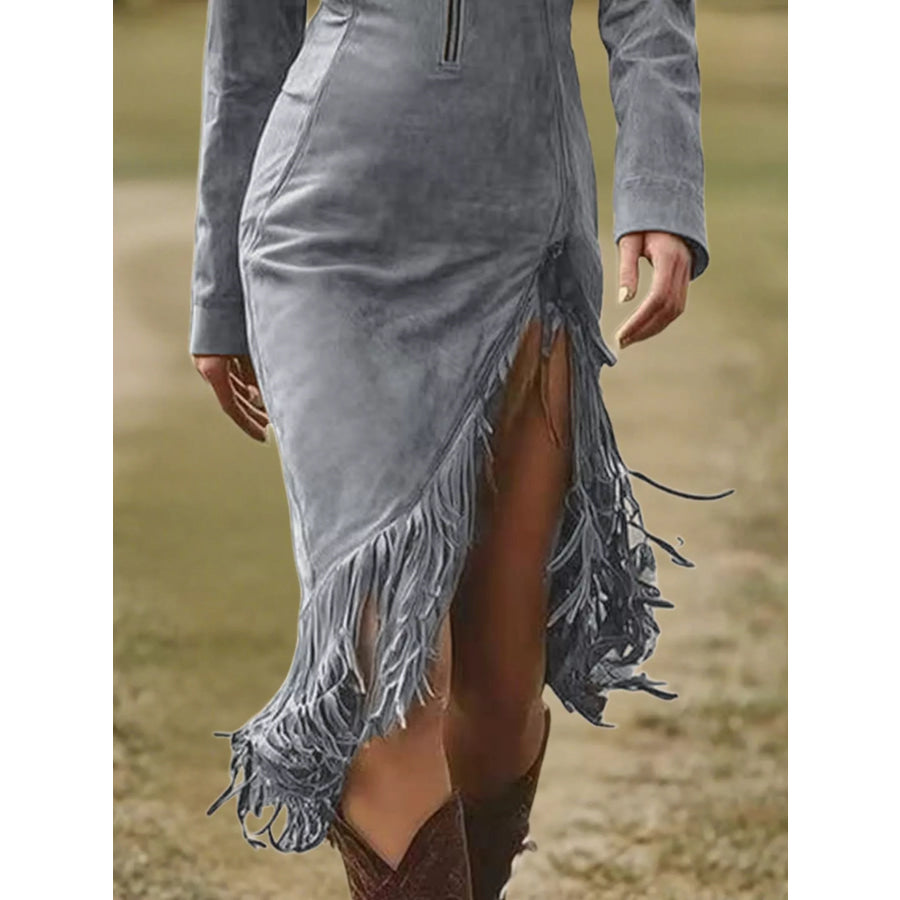 Full Size Fringe Hem Zip Front Bodycon Dress Plus Size Apparel and Accessories