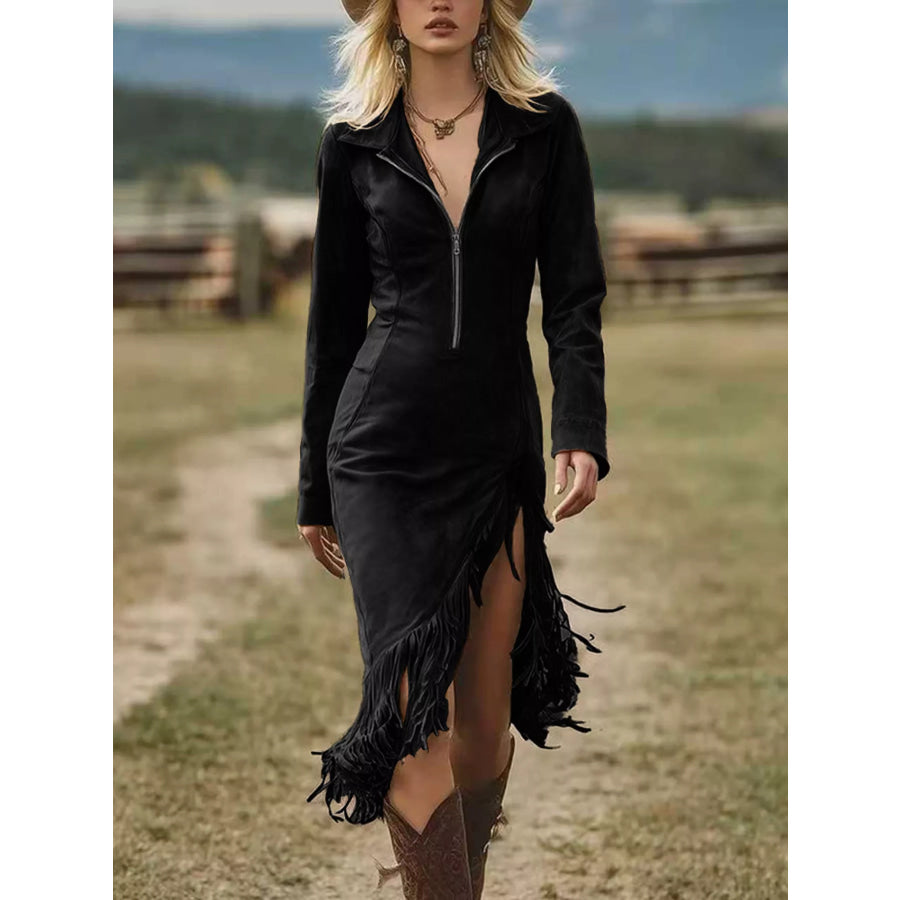 Full Size Fringe Hem Zip Front Bodycon Dress Plus Size Black / S Apparel and Accessories