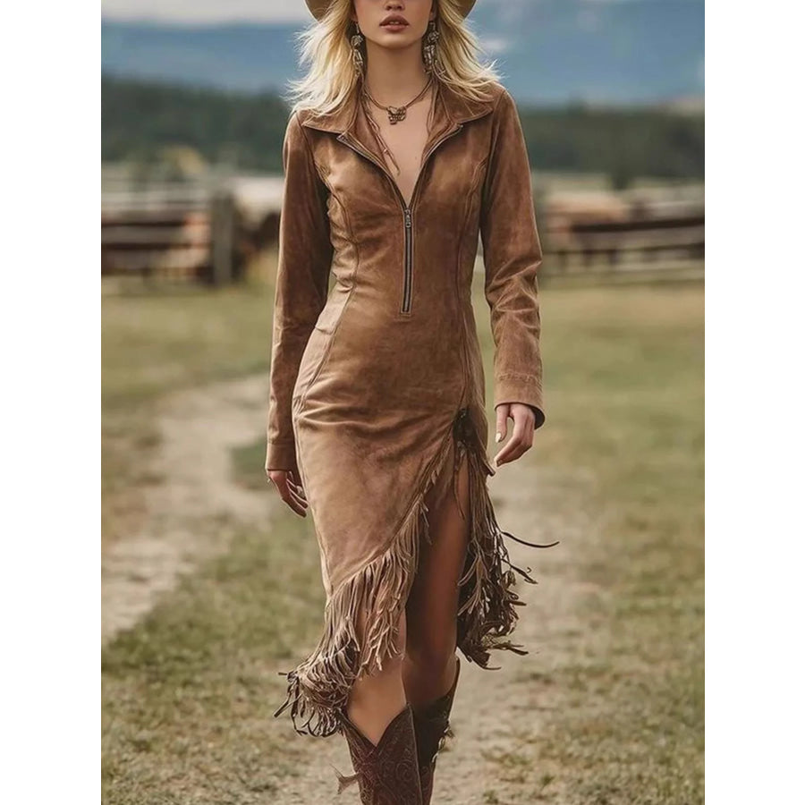 Full Size Fringe Hem Zip Front Bodycon Dress Plus Size Dark Brown / S Apparel and Accessories