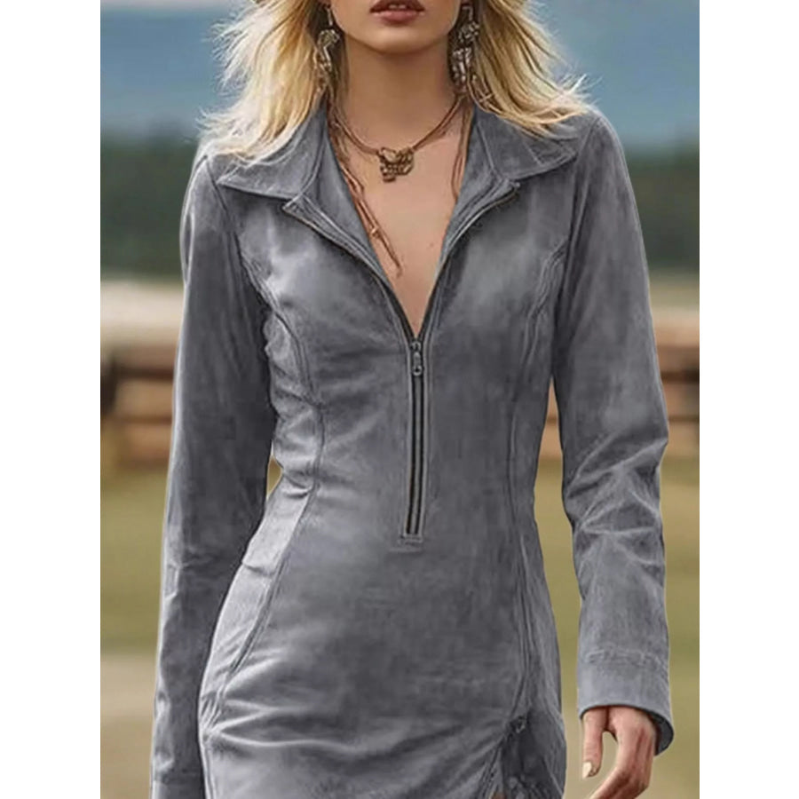 Full Size Fringe Hem Zip Front Bodycon Dress Plus Size Gray / S Apparel and Accessories