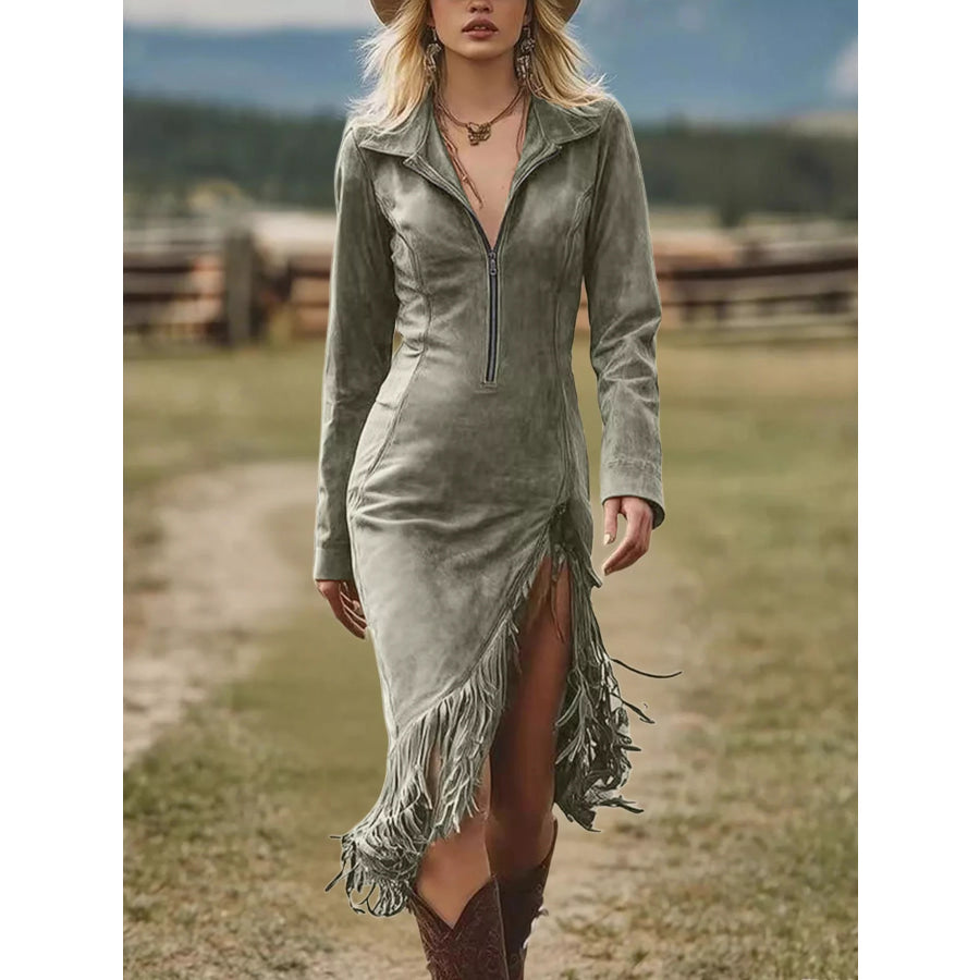Full Size Fringe Hem Zip Front Bodycon Dress Plus Size Sage / S Apparel and Accessories