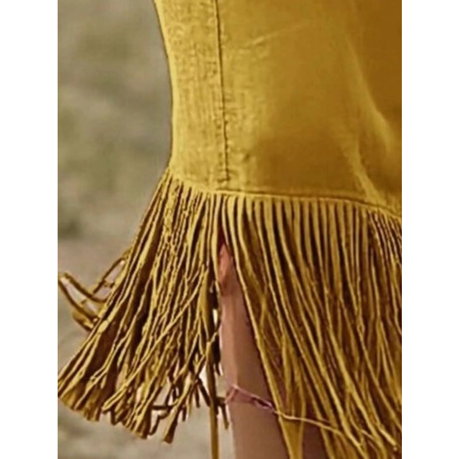Full Size Fringe Hem Zip Front Midi Dress Plus Apparel and Accessories
