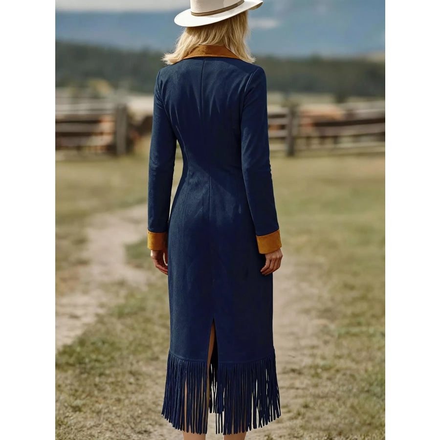 Full Size Fringe Hem Zip Front Midi Dress Plus Apparel and Accessories