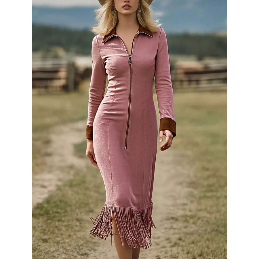 Full Size Fringe Hem Zip Front Midi Dress Plus Dusty Pink / S Apparel and Accessories