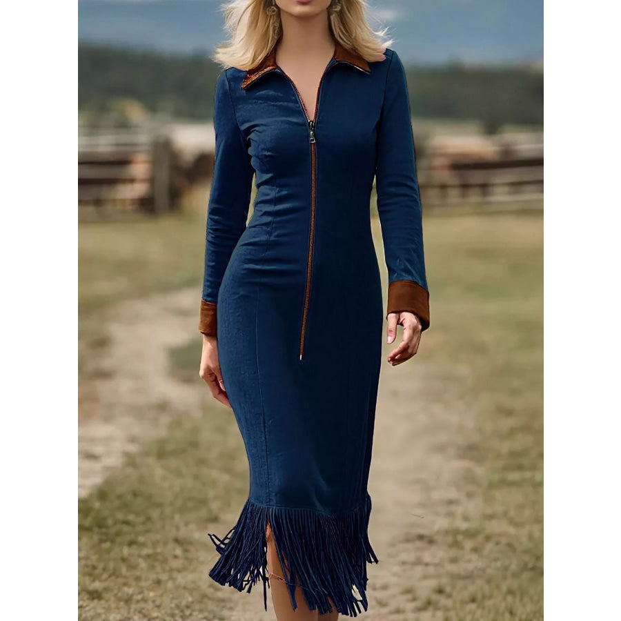 Full Size Fringe Hem Zip Front Midi Dress Plus Navy Blue / S Apparel and Accessories
