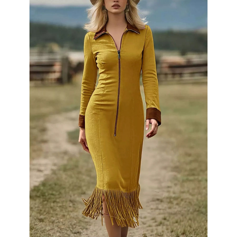 Full Size Fringe Hem Zip Front Midi Dress Plus Yellow / S Apparel and Accessories