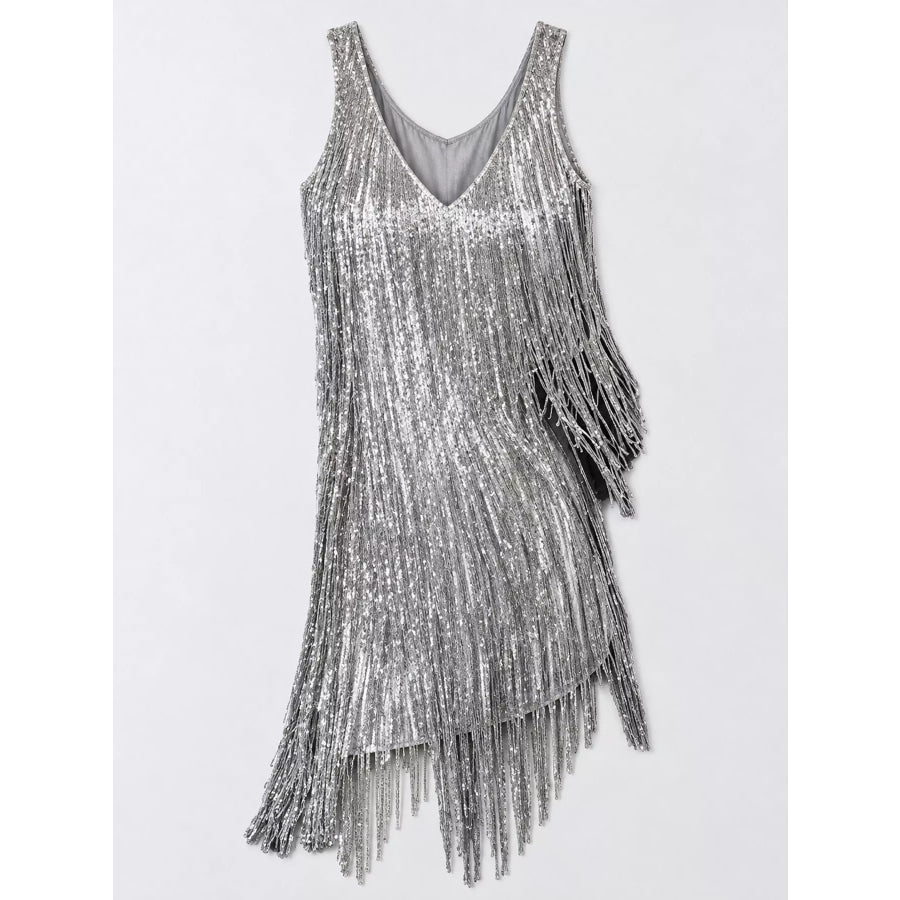 Full Size Fringe Sequin V-Neck Mini Dress Plus Apparel and Accessories