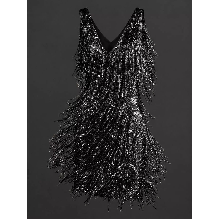 Full Size Fringe Sequin V-Neck Mini Dress Plus Apparel and Accessories