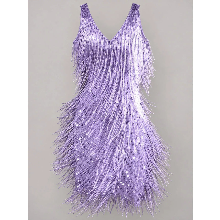 Full Size Fringe Sequin V-Neck Mini Dress Plus Apparel and Accessories