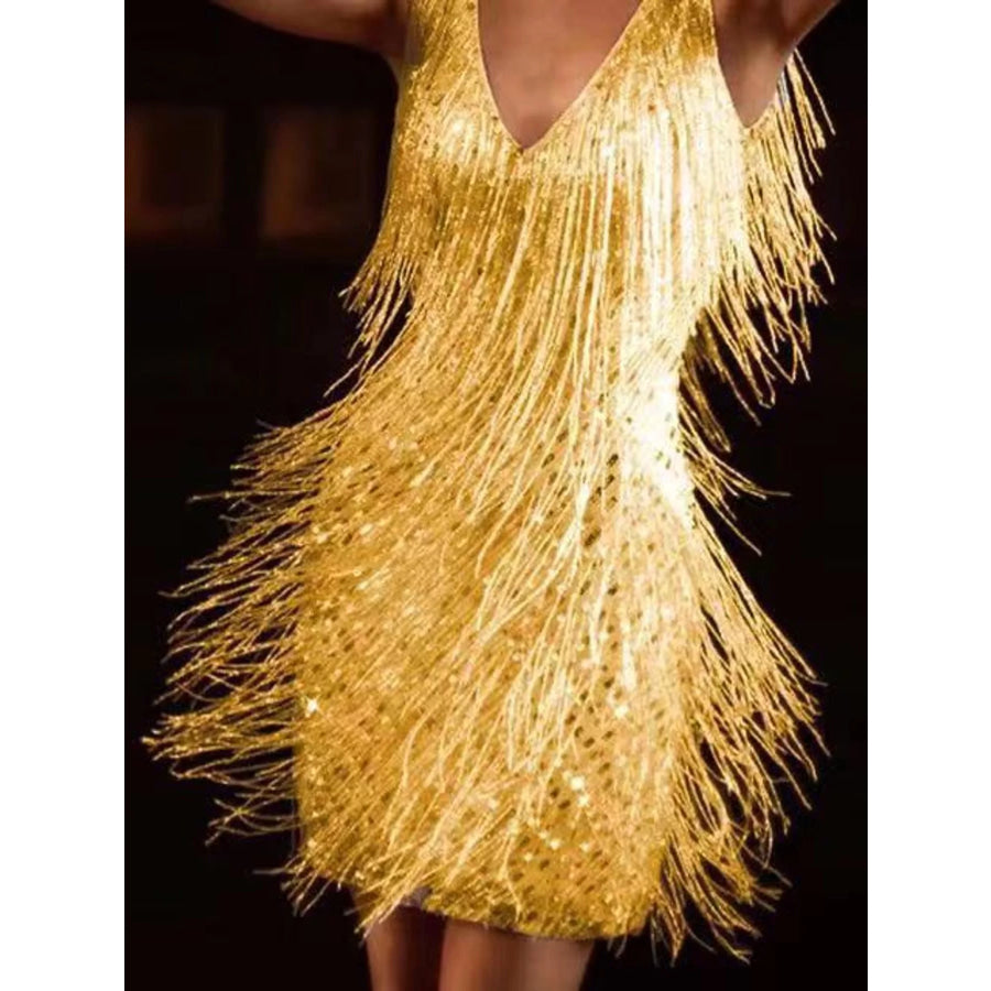 Full Size Fringe Sequin V-Neck Mini Dress Plus Gold / S Apparel and Accessories