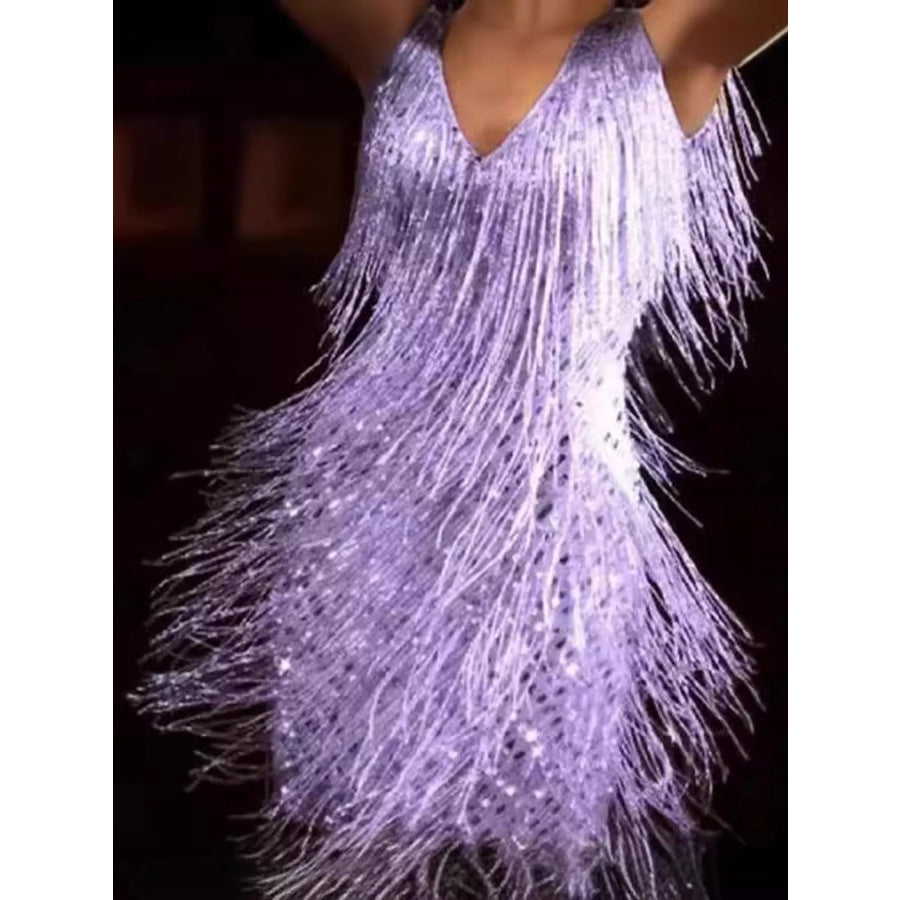 Full Size Fringe Sequin V-Neck Mini Dress Plus Purple / S Apparel and Accessories