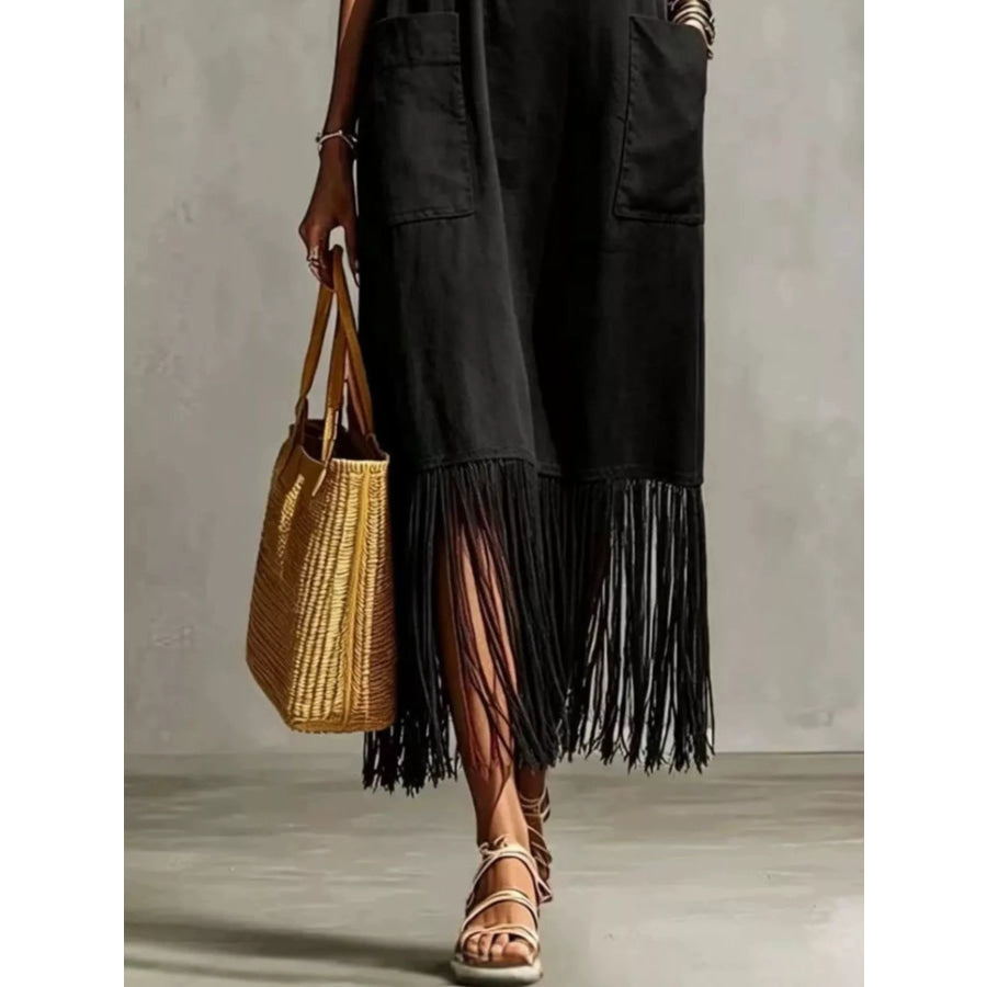 Full Size Fringe Spaghetti Strap V-Neck Dress Plus Size Apparel and Accessories