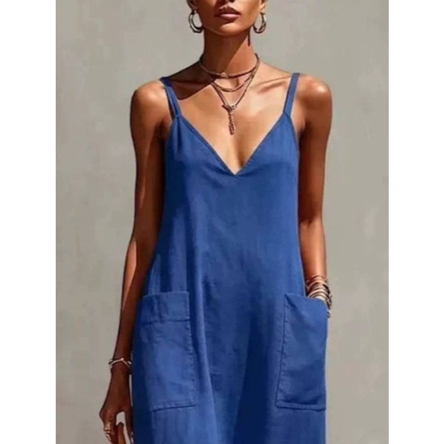 Full Size Fringe Spaghetti Strap V-Neck Dress Plus Size Blue / S Apparel and Accessories