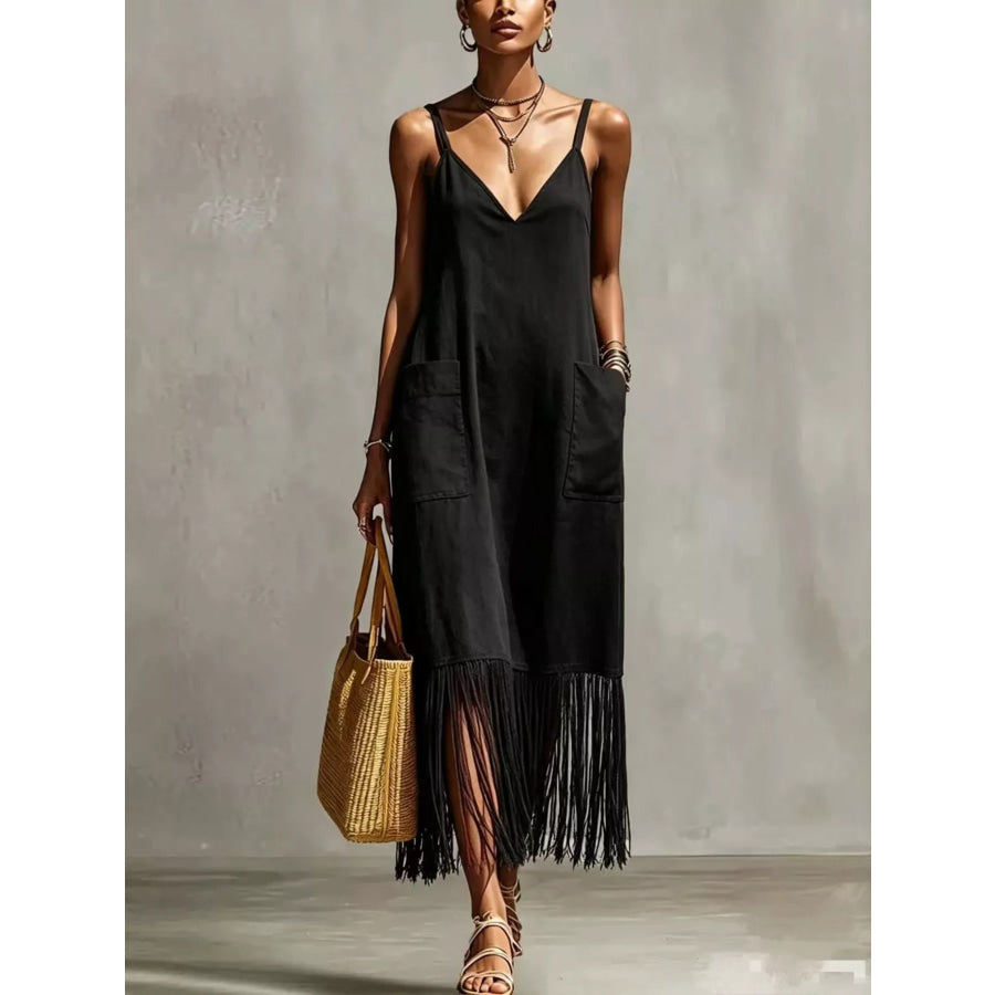 Full Size Fringe Spaghetti Strap V-Neck Dress Plus Size Black / S Apparel and Accessories