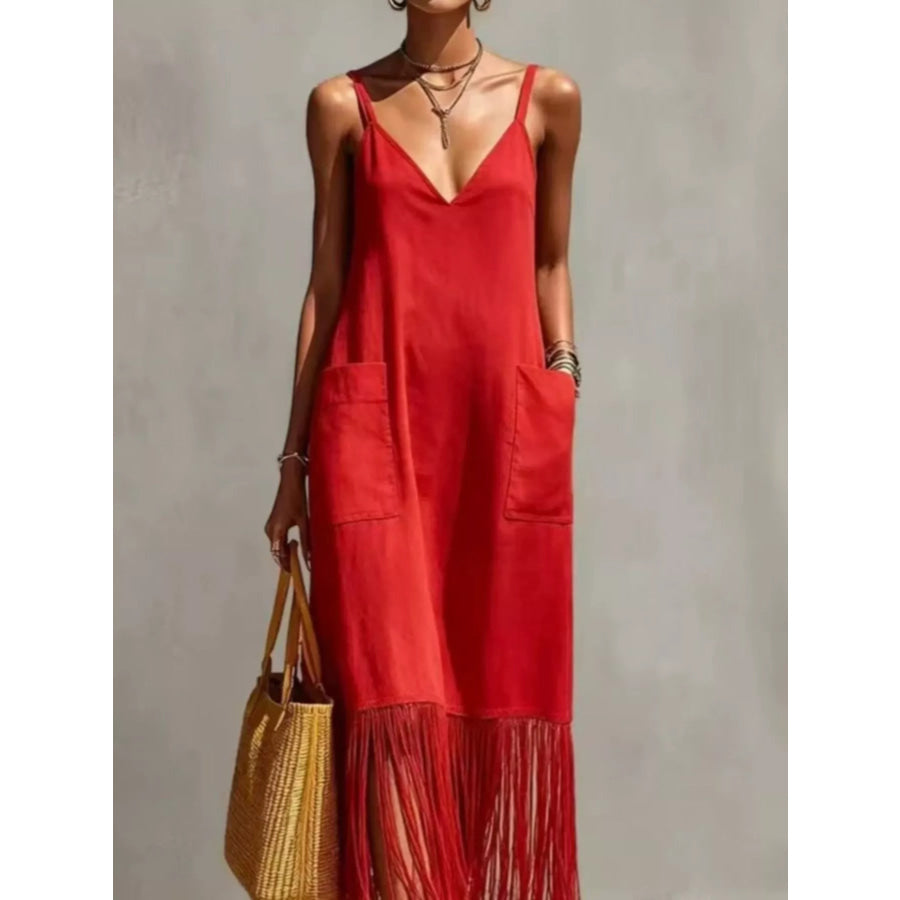 Full Size Fringe Spaghetti Strap V-Neck Dress Plus Size Red / S Apparel and Accessories