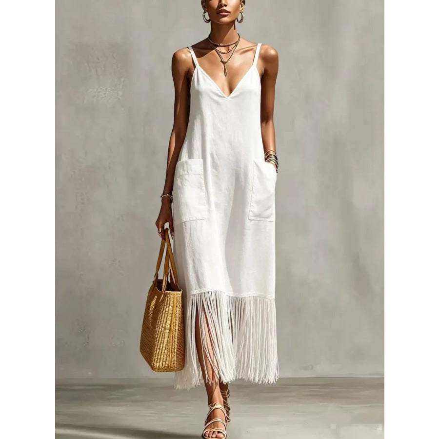 Full Size Fringe Spaghetti Strap V-Neck Dress Plus Size White / S Apparel and Accessories