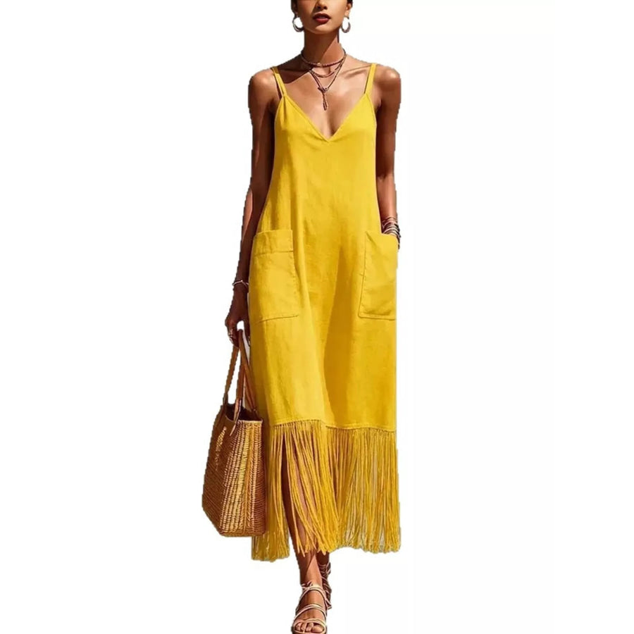 Full Size Fringe Spaghetti Strap V-Neck Dress Plus Size Yellow / S Apparel and Accessories
