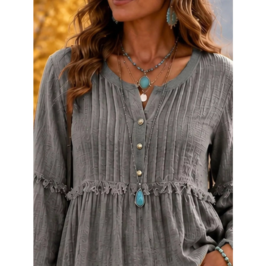 Full Size Fringe Trim Ruffle Sleeve Blouse Plus Apparel and Accessories