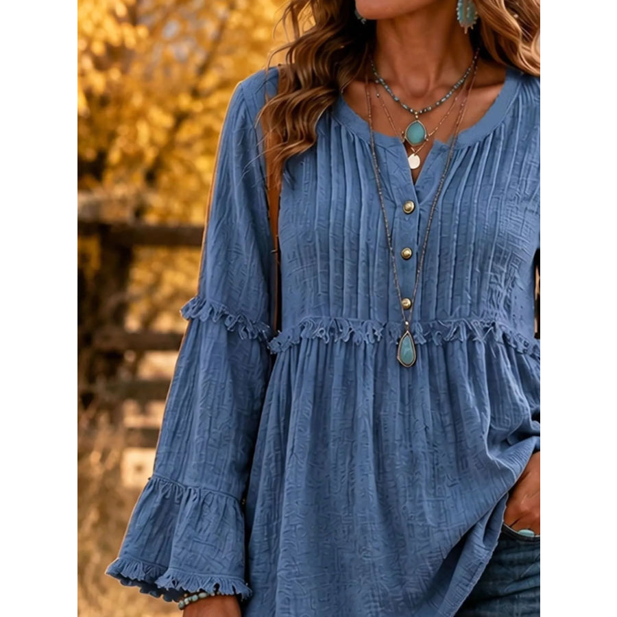Full Size Fringe Trim Ruffle Sleeve Blouse Plus Apparel and Accessories