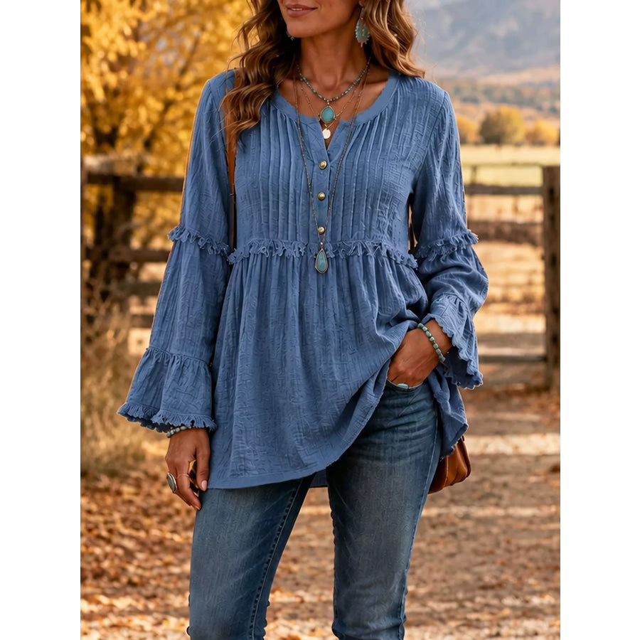 Full Size Fringe Trim Ruffle Sleeve Blouse Plus Blue / S Apparel and Accessories