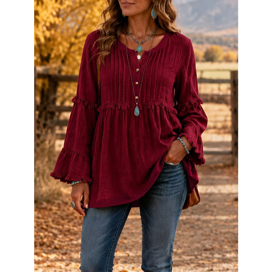 Full Size Fringe Trim Ruffle Sleeve Blouse Plus Burgundy / S Apparel and Accessories