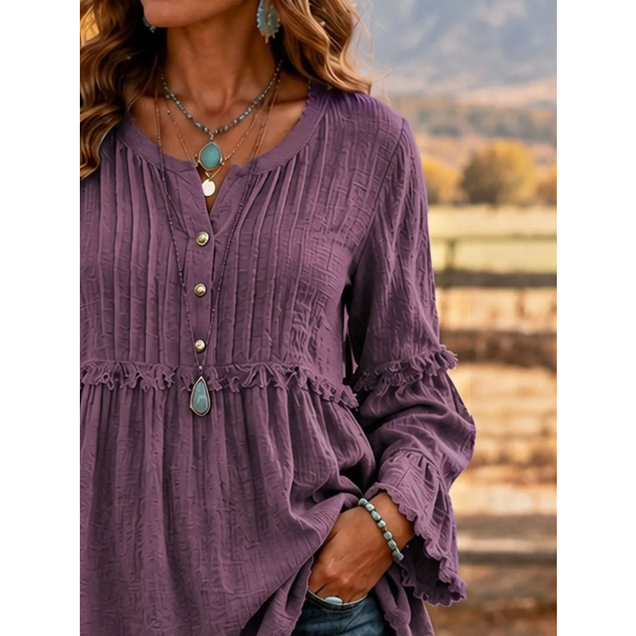 Full Size Fringe Trim Ruffle Sleeve Blouse Plus Purple / S Apparel and Accessories