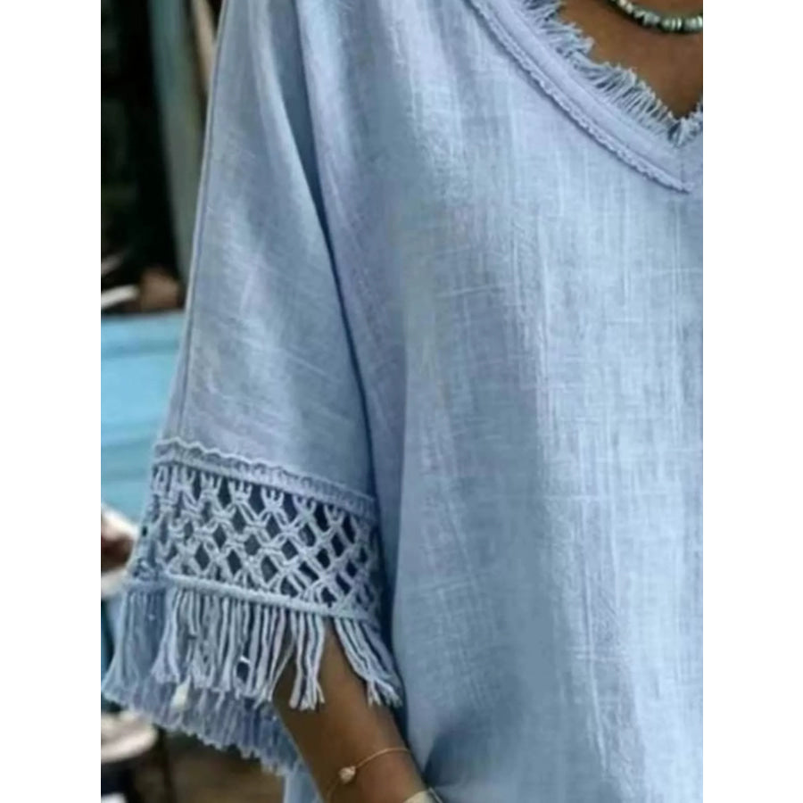 Full Size Fringe Trim V-Neck Loose Fit Blouse Plus Apparel and Accessories