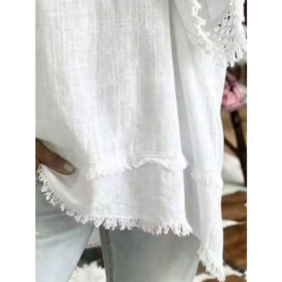 Full Size Fringe Trim V-Neck Loose Fit Blouse Plus Apparel and Accessories