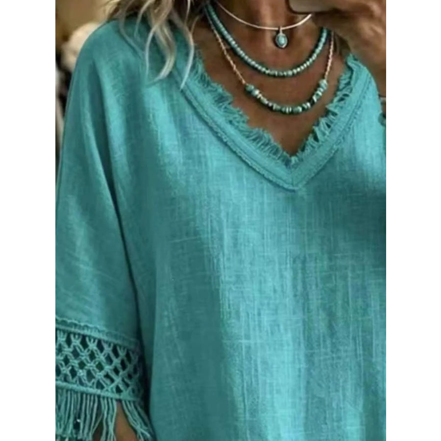 Full Size Fringe Trim V-Neck Loose Fit Blouse Plus Apparel and Accessories