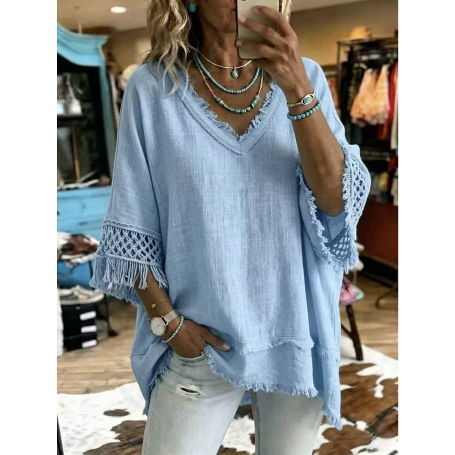Full Size Fringe Trim V-Neck Loose Fit Blouse Plus Blue / S Apparel and Accessories
