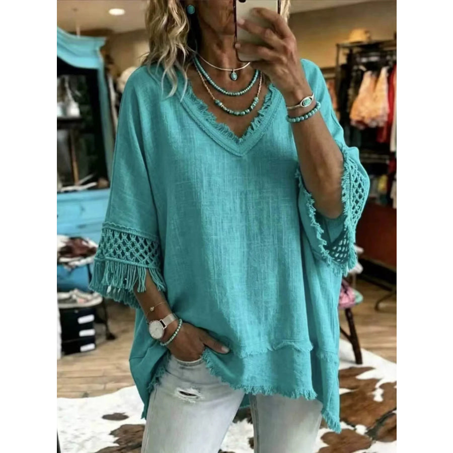 Full Size Fringe Trim V-Neck Loose Fit Blouse Plus Turquoise / S Apparel and Accessories