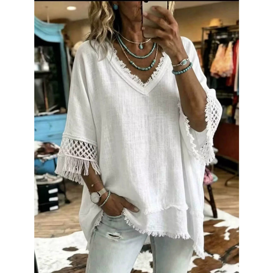 Full Size Fringe Trim V-Neck Loose Fit Blouse Plus White / S Apparel and Accessories