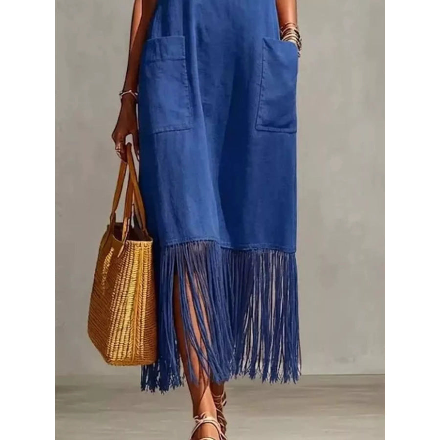 Full Size Fringe V-Neck Spaghetti Strap Dress Plus Size Apparel and Accessories