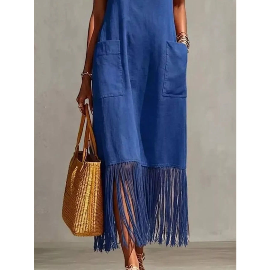 Full Size Fringe V-Neck Spaghetti Strap Dress Plus Size Apparel and Accessories