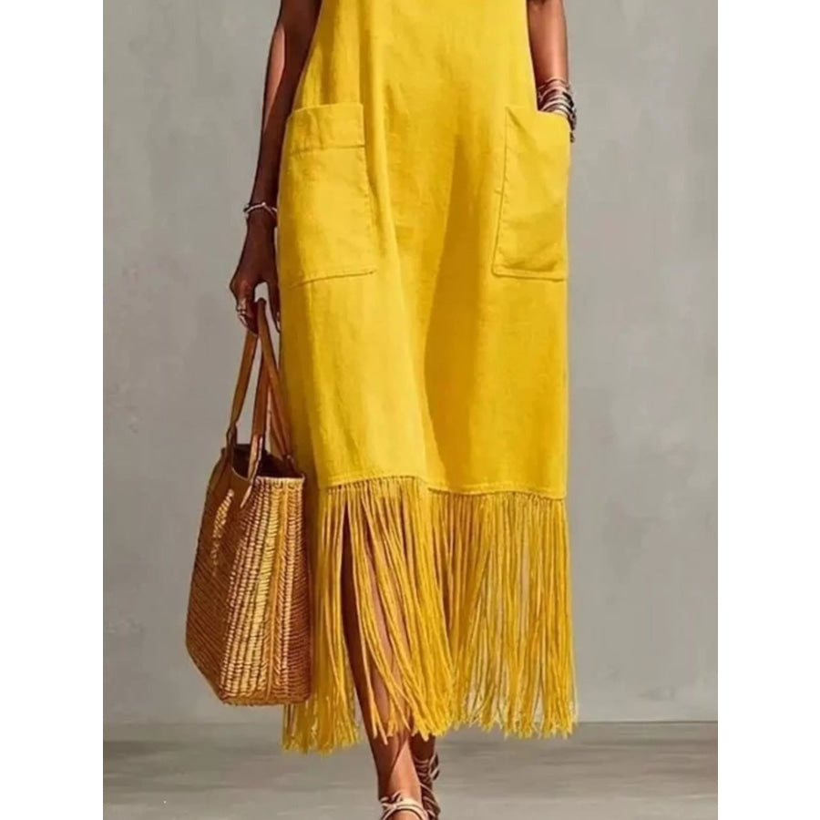 Full Size Fringe V-Neck Spaghetti Strap Dress Plus Size Apparel and Accessories
