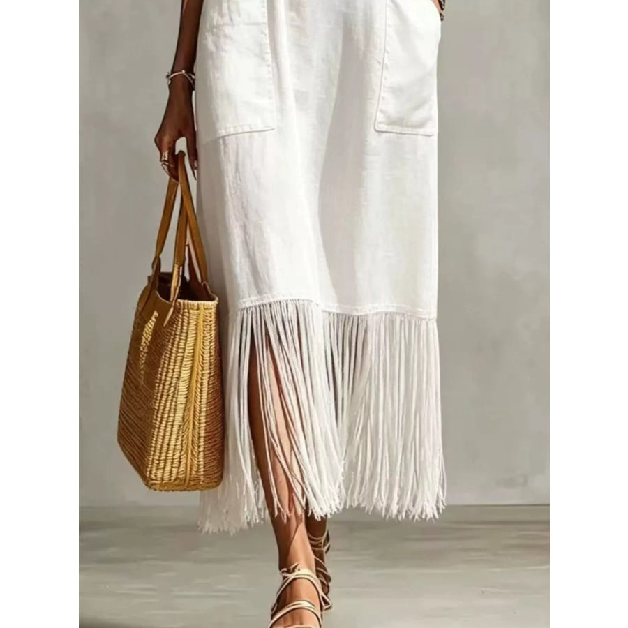 Full Size Fringe V-Neck Spaghetti Strap Dress Plus Size Apparel and Accessories
