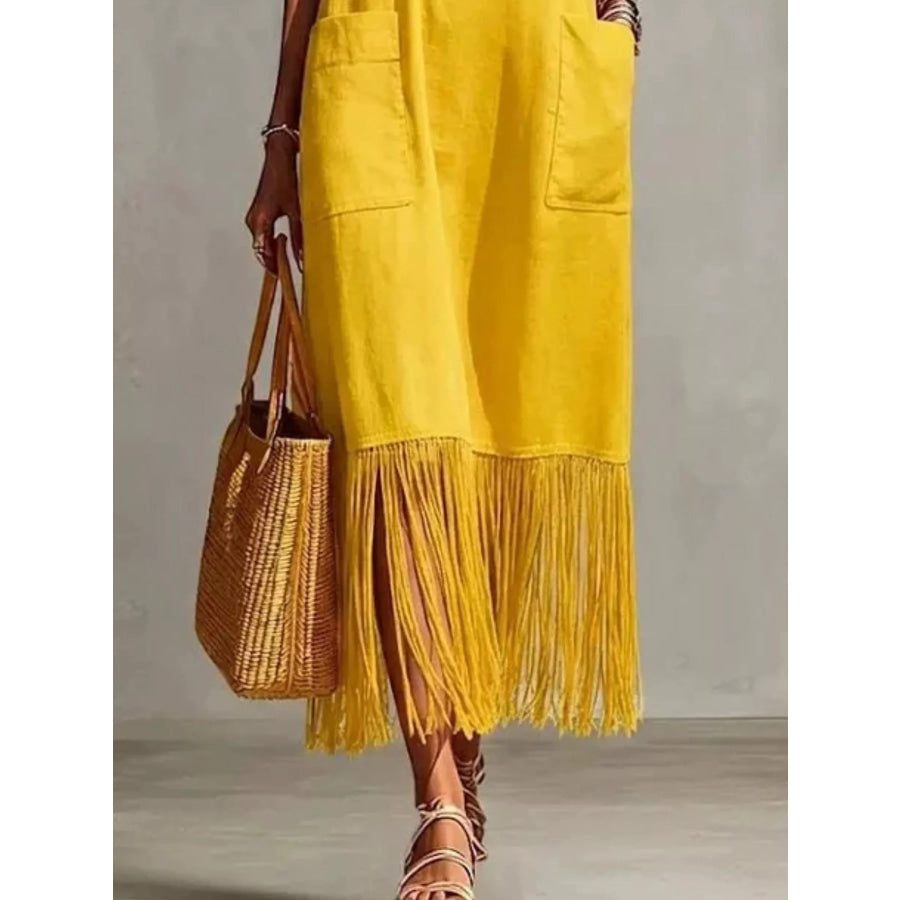 Full Size Fringe V-Neck Spaghetti Strap Dress Plus Size Apparel and Accessories