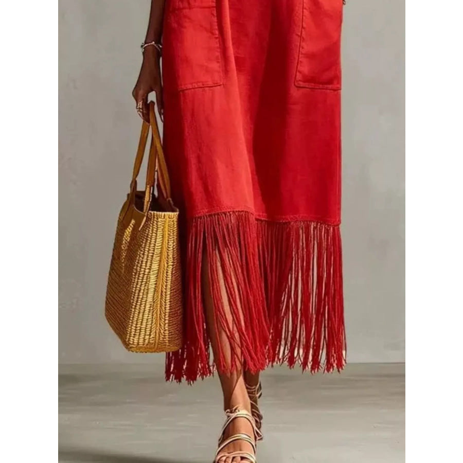 Full Size Fringe V-Neck Spaghetti Strap Dress Plus Size Apparel and Accessories