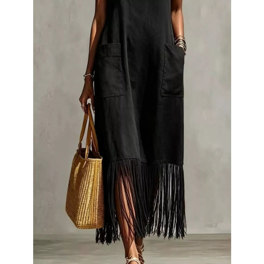 Full Size Fringe V-Neck Spaghetti Strap Dress Plus Size Apparel and Accessories