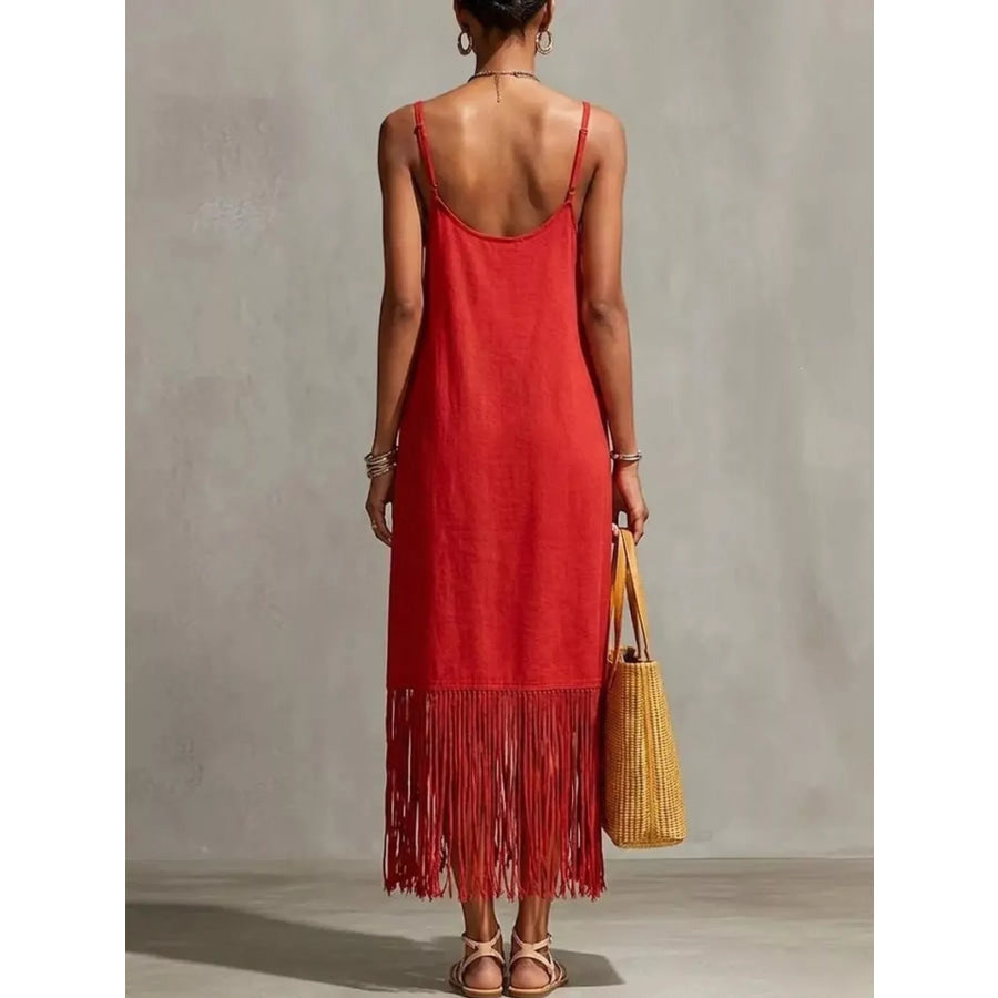 Full Size Fringe V-Neck Spaghetti Strap Dress Plus Size Apparel and Accessories