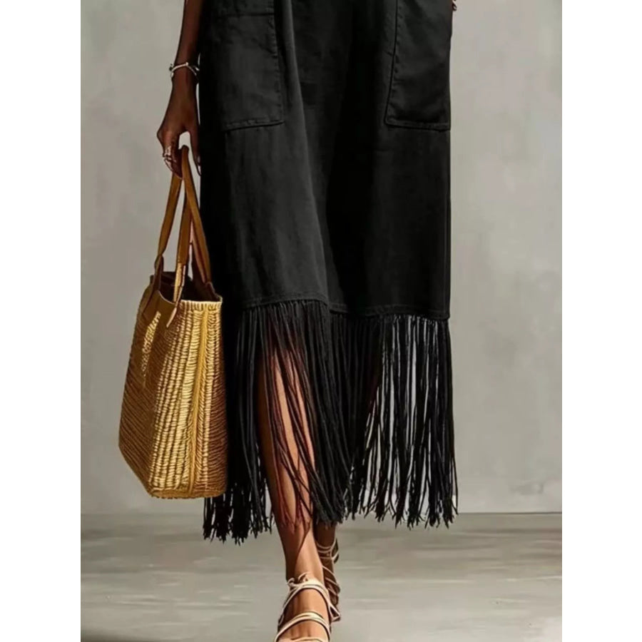 Full Size Fringe V-Neck Spaghetti Strap Dress Plus Size Apparel and Accessories