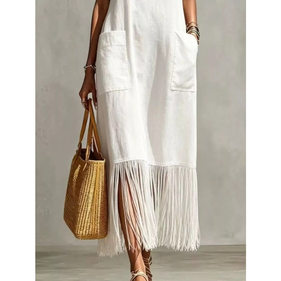 Full Size Fringe V-Neck Spaghetti Strap Dress Plus Size Apparel and Accessories